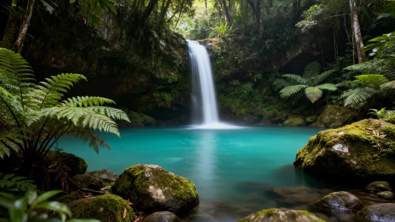 Cascata che si riversa alimentando una pozza turchese, formando una colonna e increspature in una gola ombreggiata, con felci.