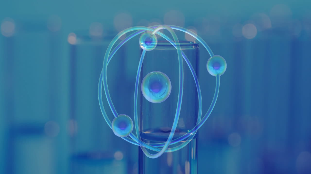animación de átomos sobre platos de laboratorio sobre un fondo azul