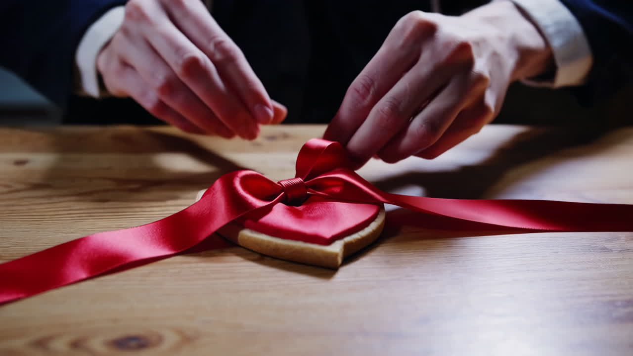 Tying a Red Ribbon Bow on a Heart-Shaped Cookie