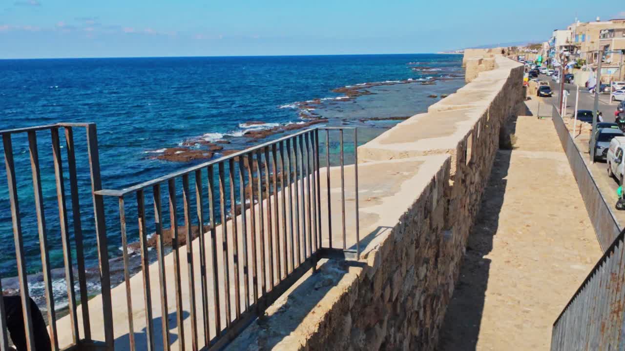 Akko historic city walls along mediterranean coast
