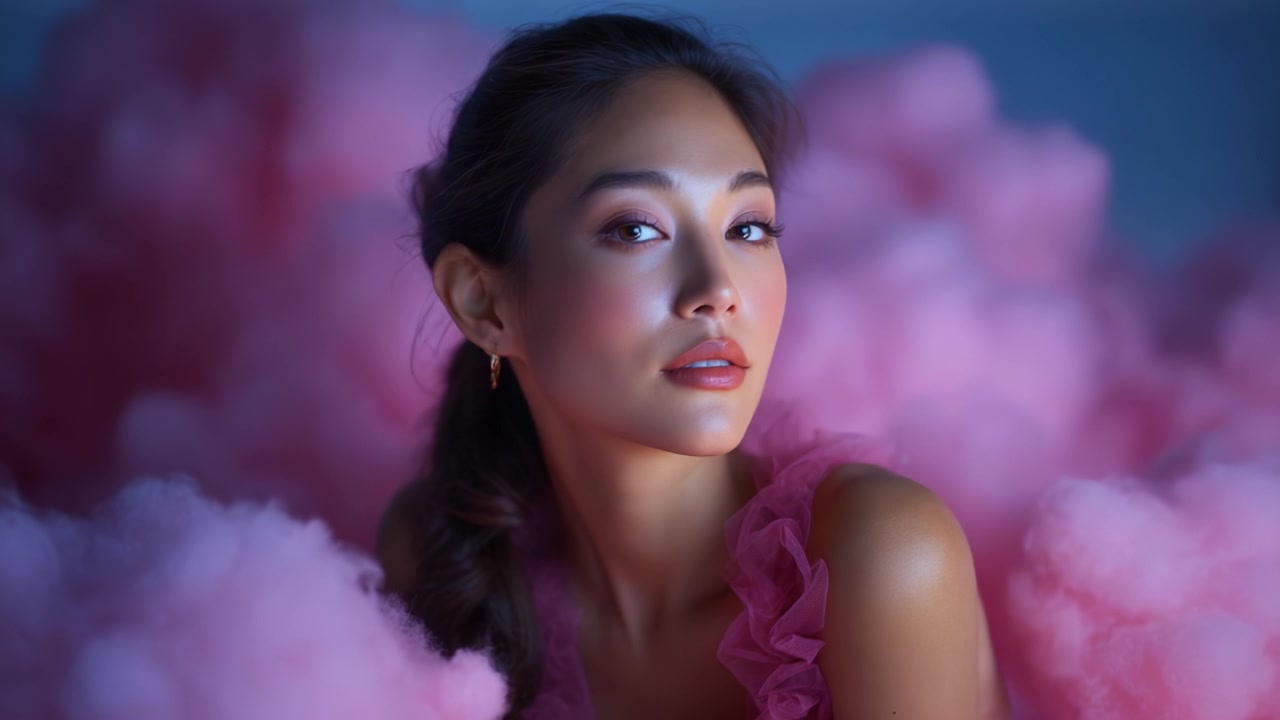 Un ritratto accattivante di una donna circondata da soffici nuvole rosa, che mostra colori vivaci e tratti espressivi in un'atmosfera stravagante e sognante