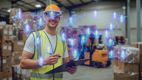 warehouse worker with global network overlay