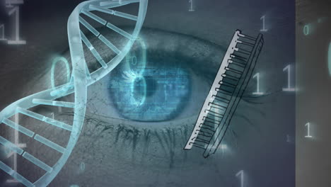 animation of data processing and dna strand over eye of caucasian woman