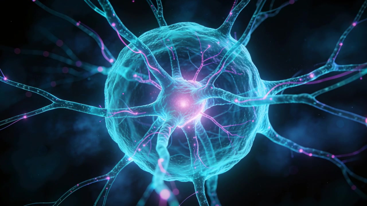 Pulsing soma, core pulsing under microscope, extending filaments and sending magenta particles out