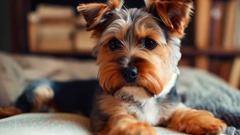 un pequeño perro acostado en la parte superior de un sofá al lado de un libro