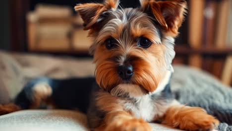 a small dog laying on top of a couch next to a book