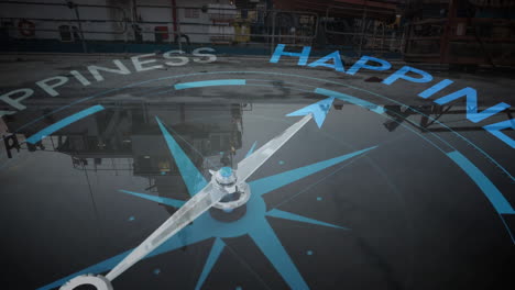 animation of compass with happiness tex over shipyard