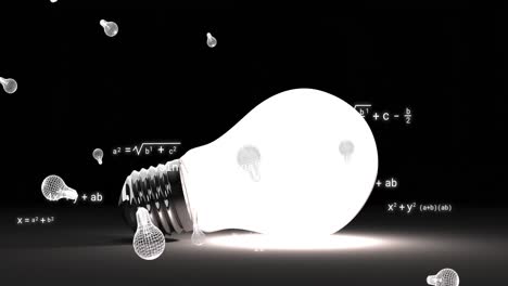 animation of light bulb icons and mathematical equations over light bulb on black background