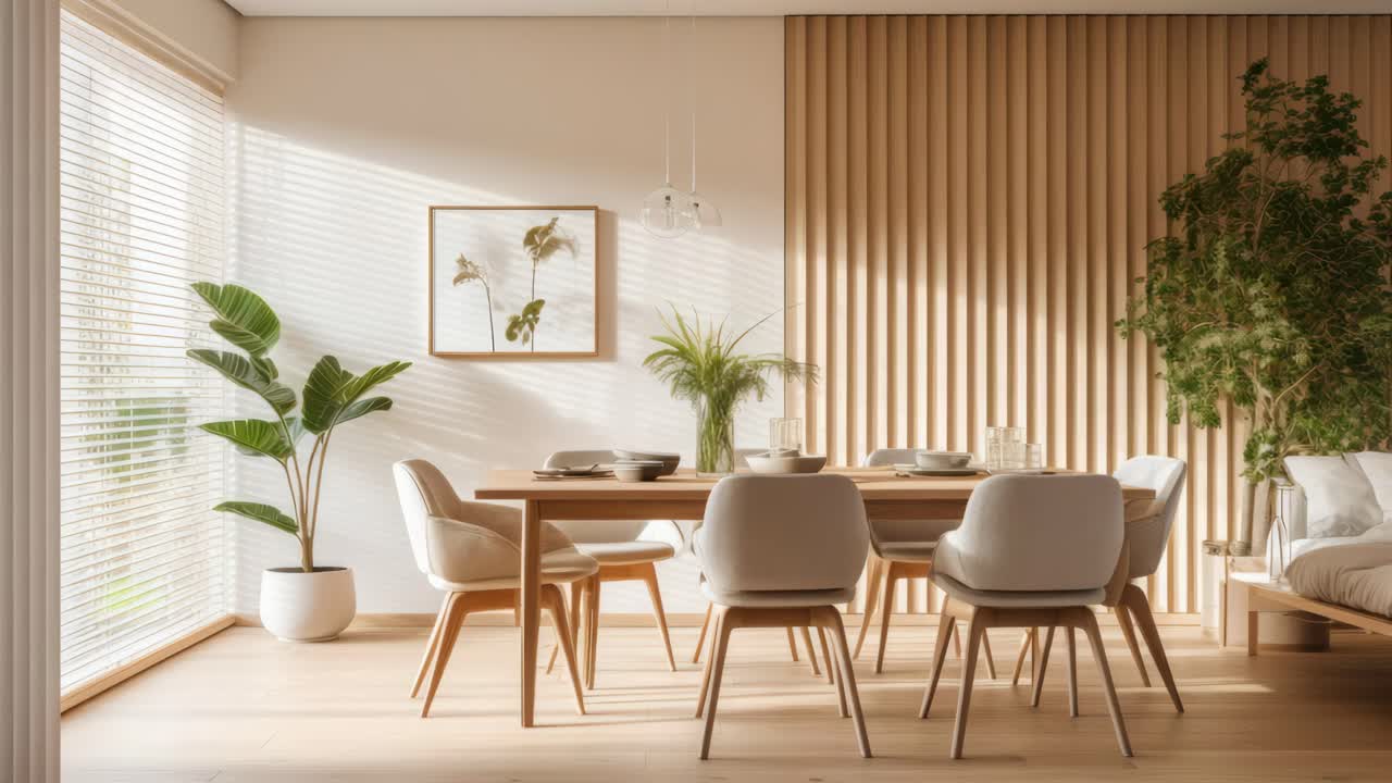 Modern dining room with wooden accents, captured from a wide-angle perspective