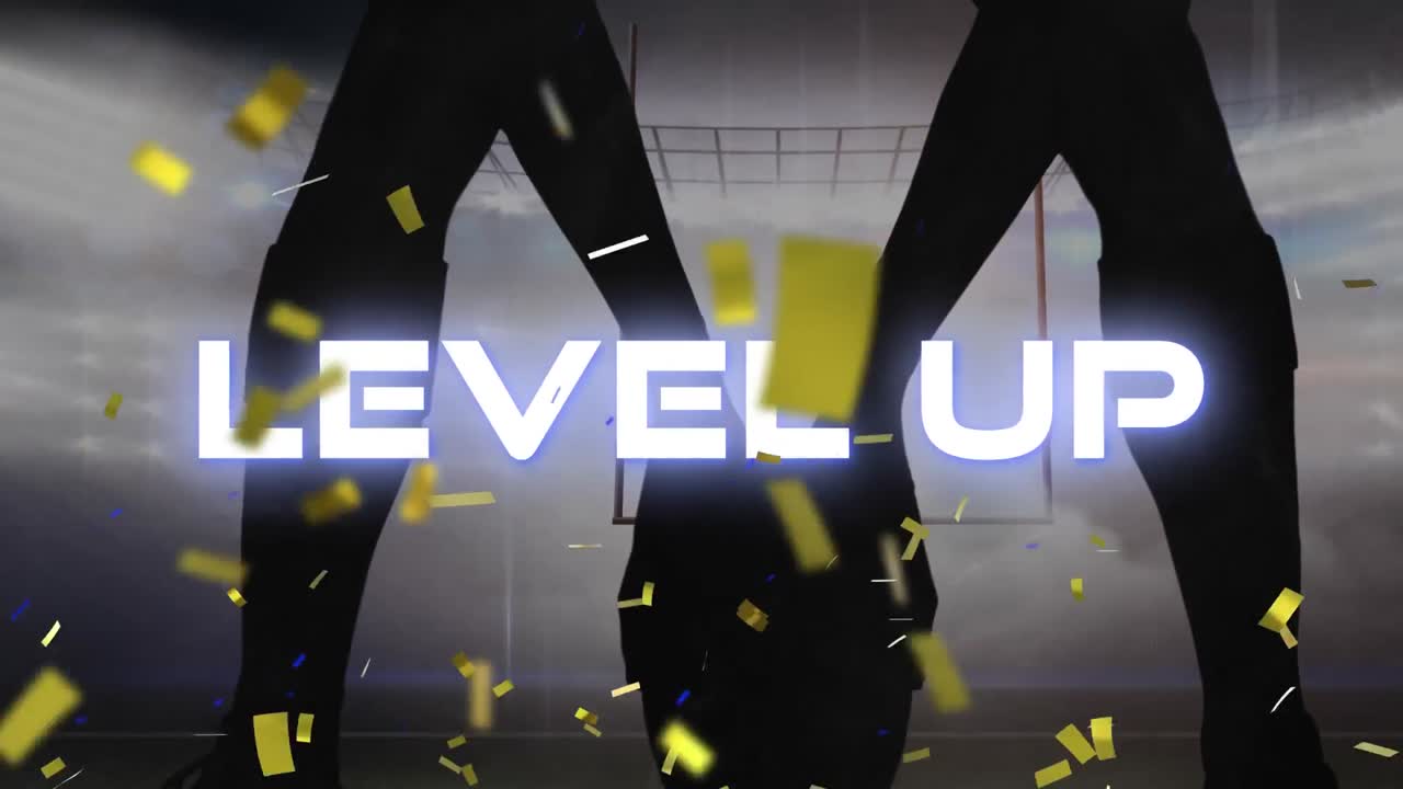 animación de las palabras niveladas en blanco sobre la silueta del jugador de rugby en el campo con confeti dorado