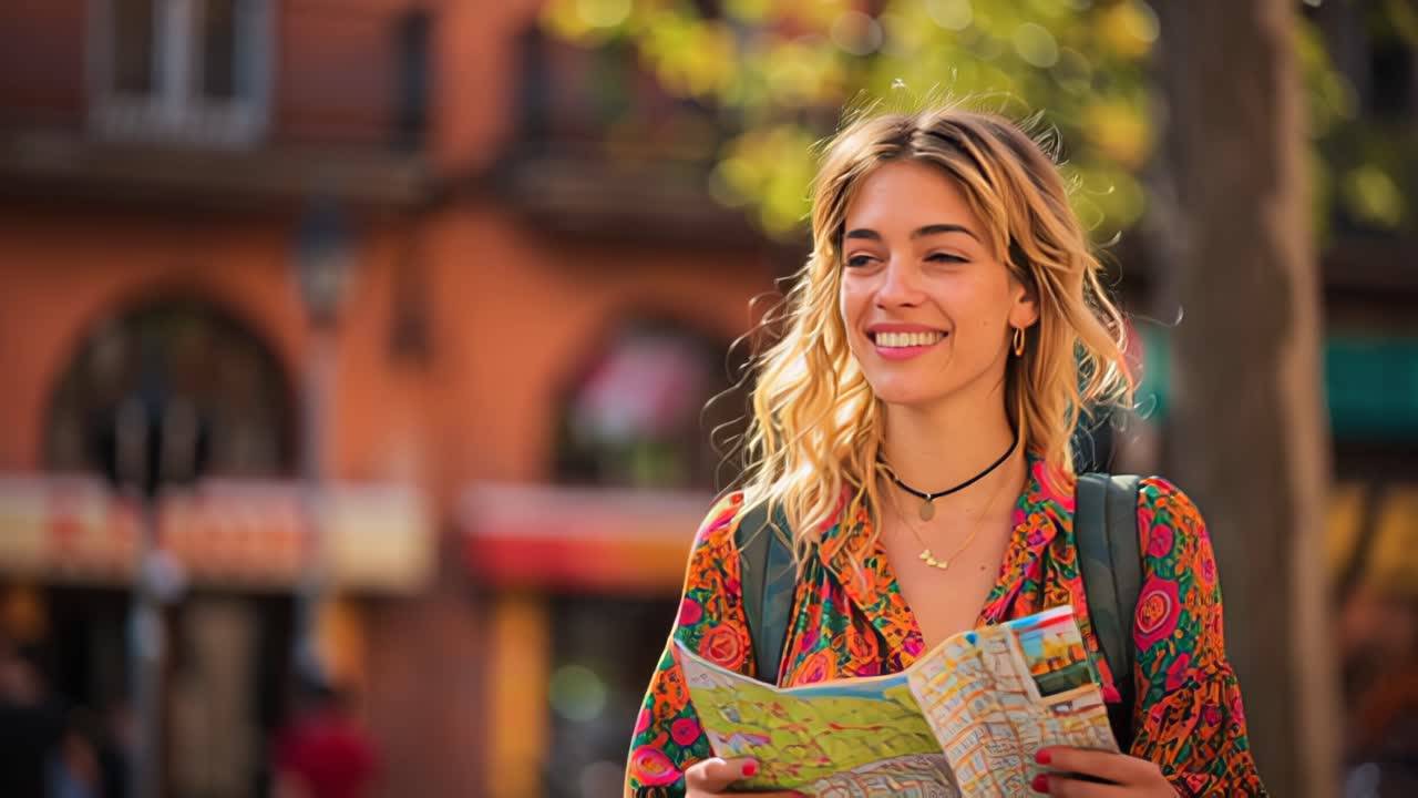 Lächelnde junge Frau mit Rucksack hält einen Stadtplan, während sie eine sonnige Stadtstraße entlanggeht, was Alleinreisen, Sightseeing, Freiheit und einen positiven Urlaubslebensstil in einer lebhaften Stadtumgebung darstellt