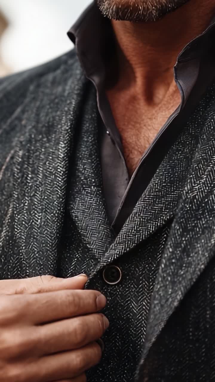 Un Primo Piano Elegante di un Uomo che Si Aggiusta la Giacca a Spina di Pesce, Mostrando Raffinatezza e Attenzione ai Dettagli nella Moda Sartoriale