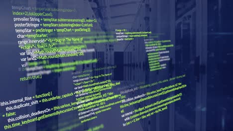 Animation-of-data-processing-and-mosaic-squares-against-computer-server-room