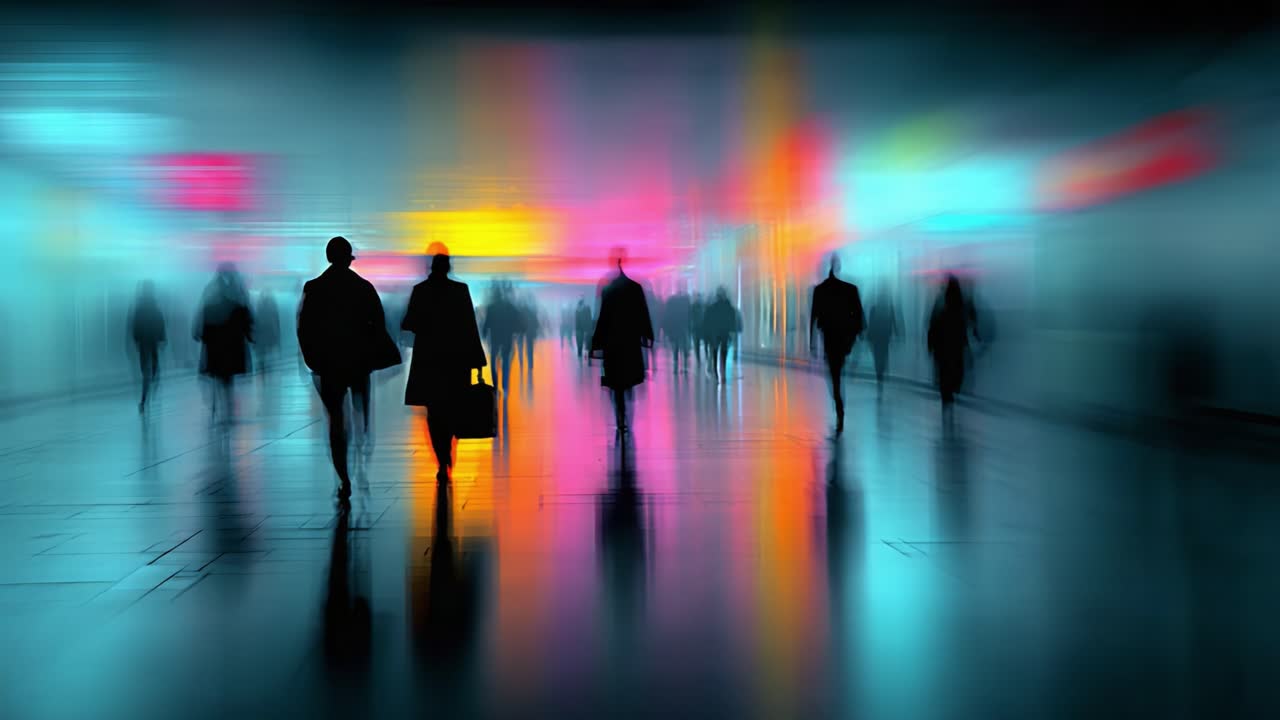 A mesmerizing depiction of a bustling urban scene, capturing silhouettes of moving figures in soft focus against a backdrop of vibrant, colorful lights reflecting off glossy surfaces