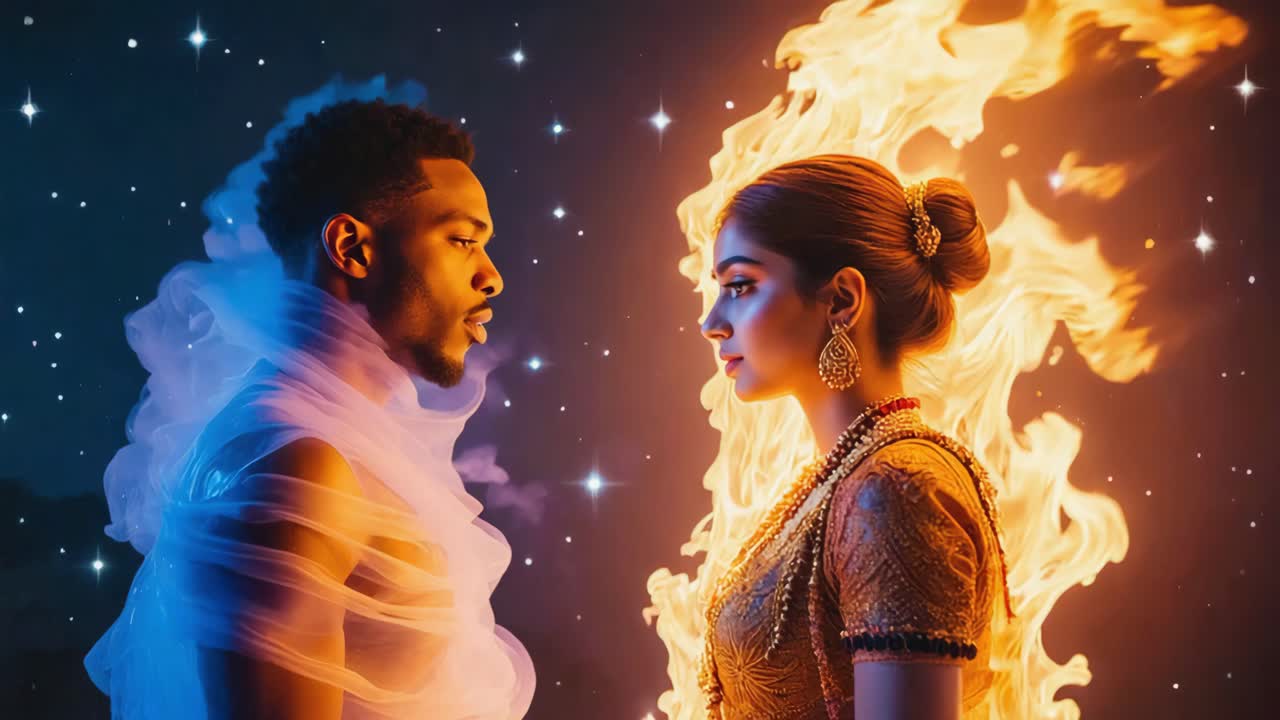A couple facing each other with fire and water elements