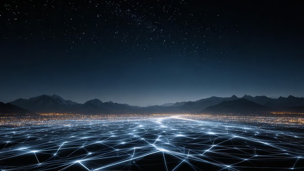 A stunning night landscape featuring a mesmerizing grid of luminous lines spanning across a vast terrain, illuminated by twinkling stars above a serene mountain range