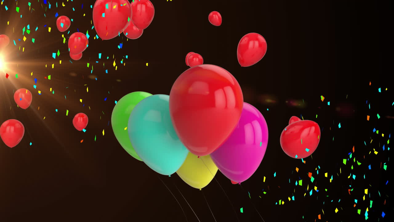 Animation of balloons and confetti falling over light spot