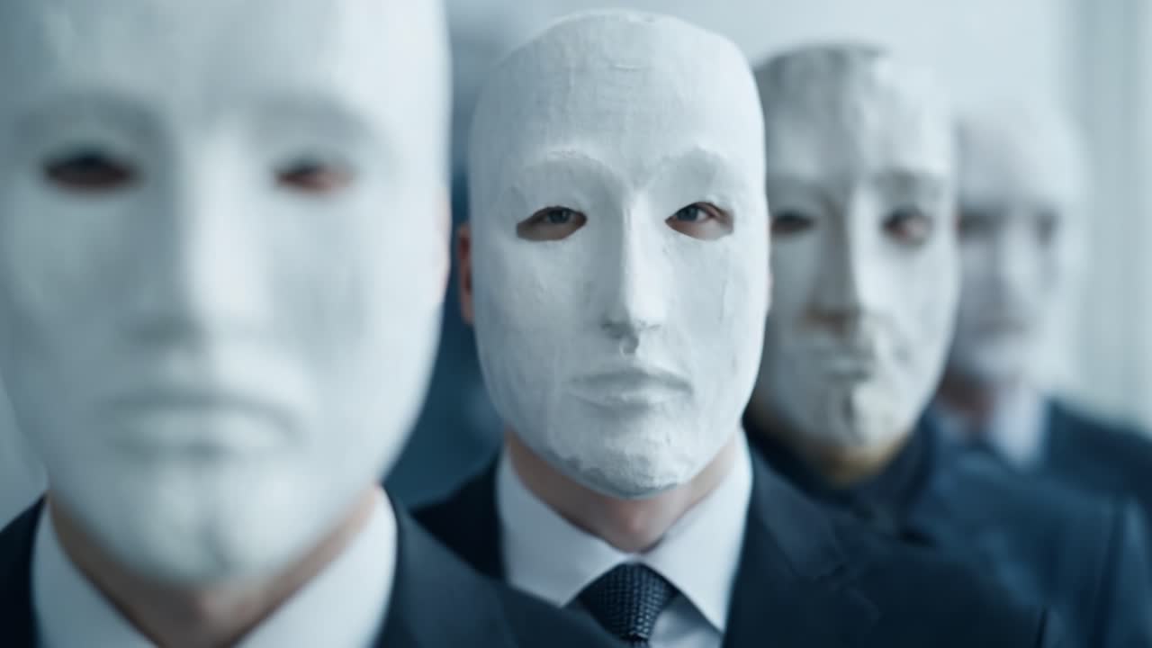 En mystisk forsamling af personer i hvide masker og mørke jakkesæt, der skaber en atmosfære af anonymitet og intriger, og fremkalder temaer om identitet og konformitet