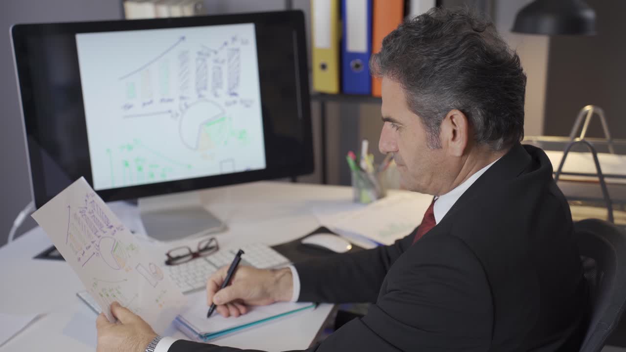 un hombre de negocios analizando los gráficos financieros, el balance de fin de año.