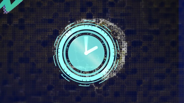 Animation of moving clock over digital brain on blue background
