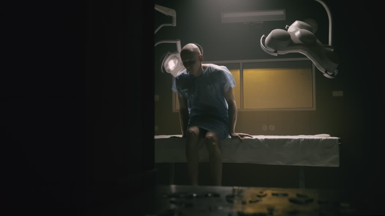 A bald man wakes up in the empty operation room
