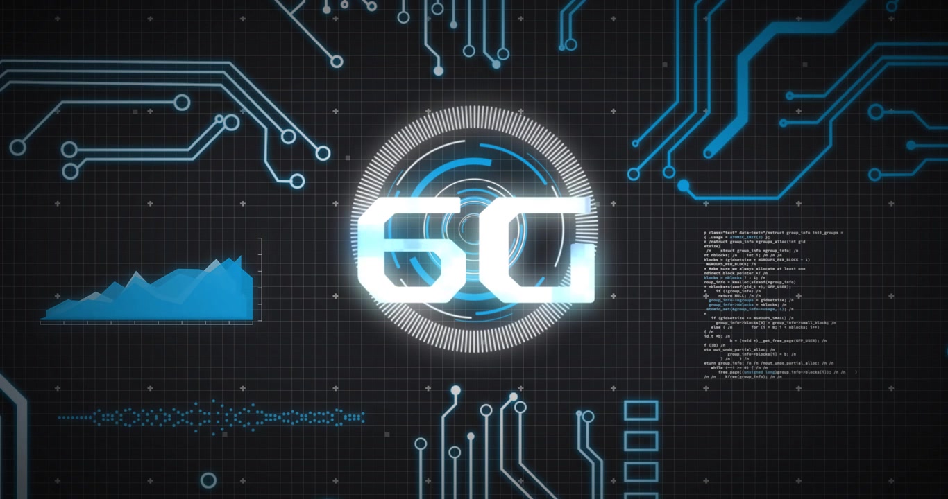 Animation of 6g text, digital data processing over computer circuit board