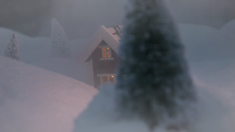 cute miniature winter cabin in extreme snow blizzard storm, reveal shot