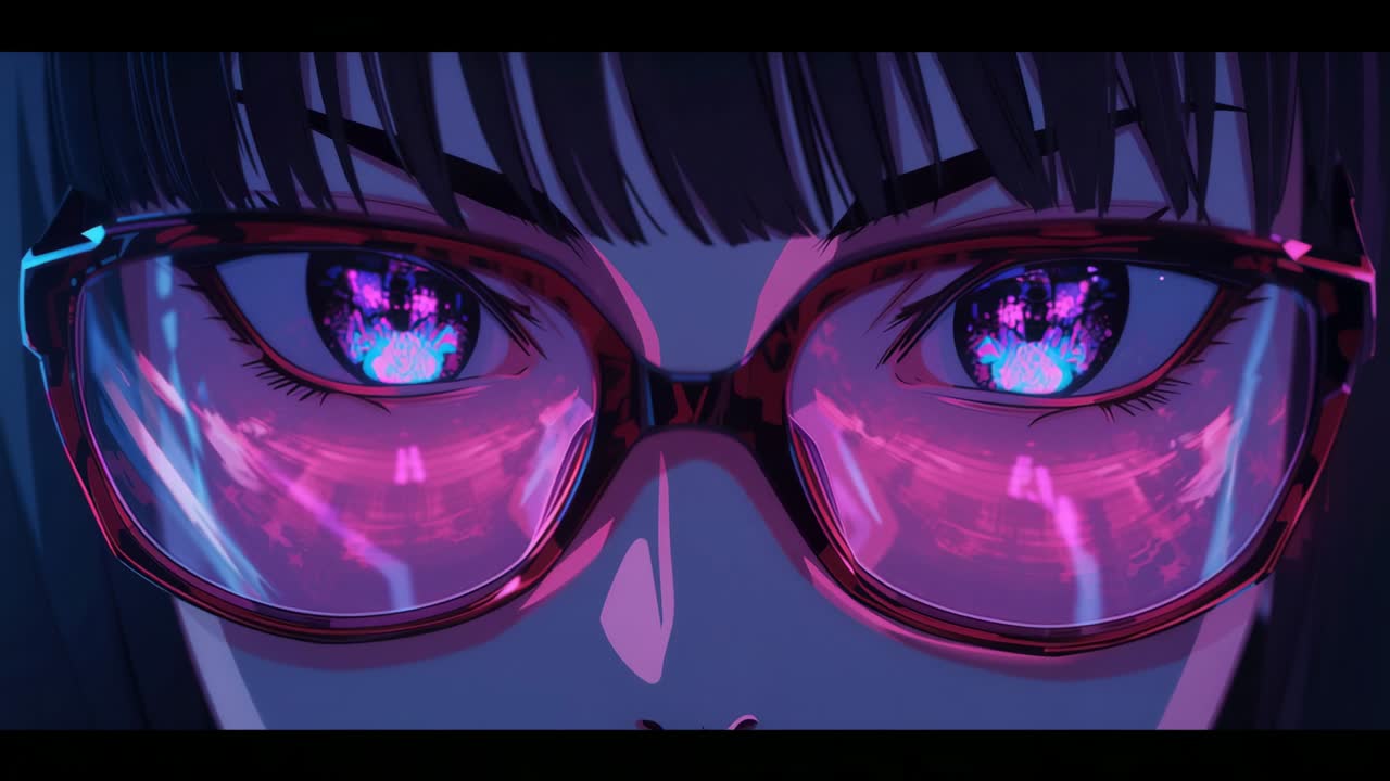 Scene opening zooming into woman monitoring neon data in red-framed eyeglasses, with urban glow