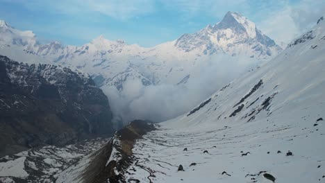 cinematic aerial view of machapuchare peak at annapurna massif of gandaki province