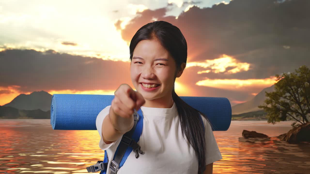 Woman pointing at the camera with a smile while hiking at sunset