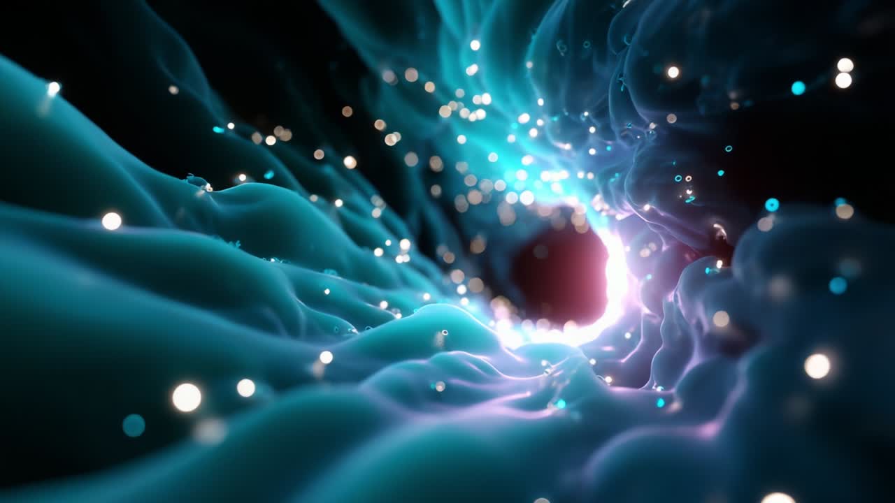 Un viaggio etereo attraverso un tunnel cosmico di luce ed energia, che cattura i misteri dell'universo con colori vibranti, particelle luminose e un senso ipnotico di profondità e movimento