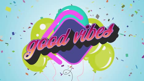 Animation-Der-Worte-„Good-Vibes“-In-Rosa-Mit-Schwebenden-Luftballons-Und-Konfetti-Auf-Blau