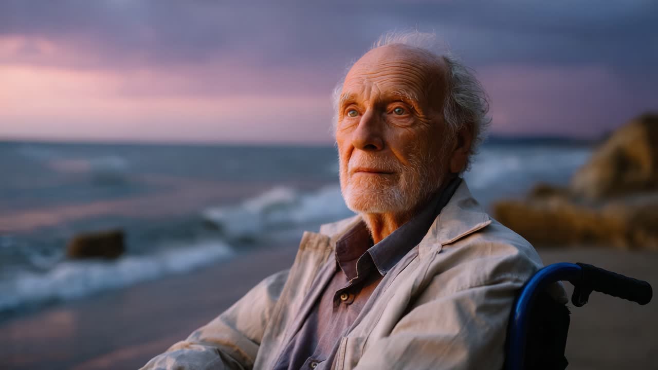 Reflective Moments: An Elderly Man Contemplates Life's Journey Against the Backdrop of a Serene Beach at Sunset, Capturing Emotions of Wisdom and Solitude