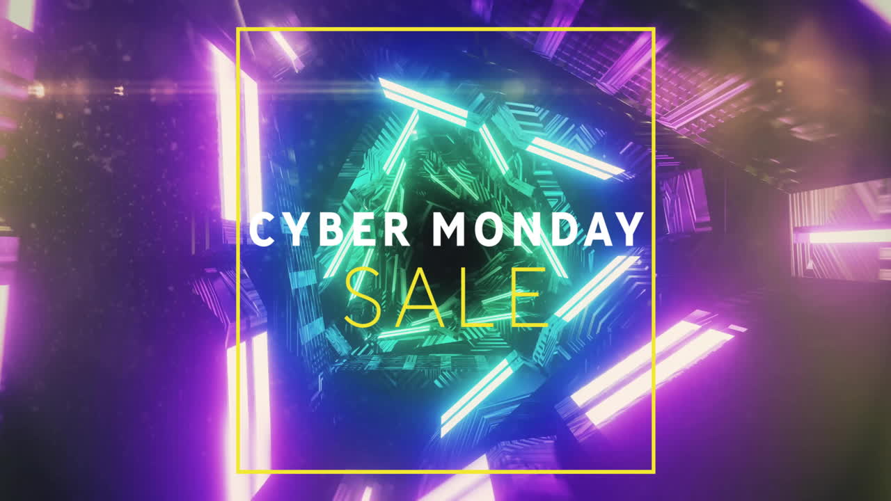 Animation of cyber monday sale text over neon pattern background