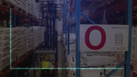animation of financial data processing over worker using lift truck in warehouse