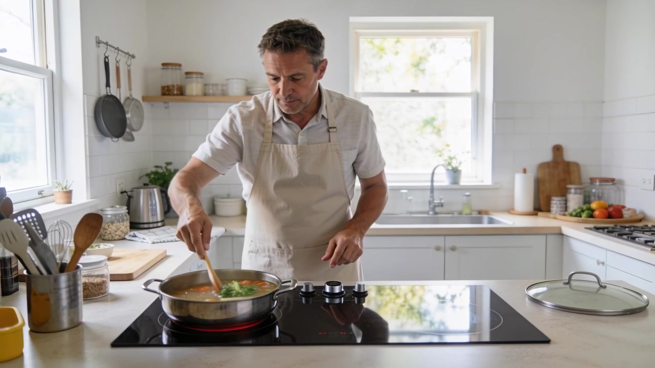 Mature Man Cooking Vegetables in a Modern Kitchen
