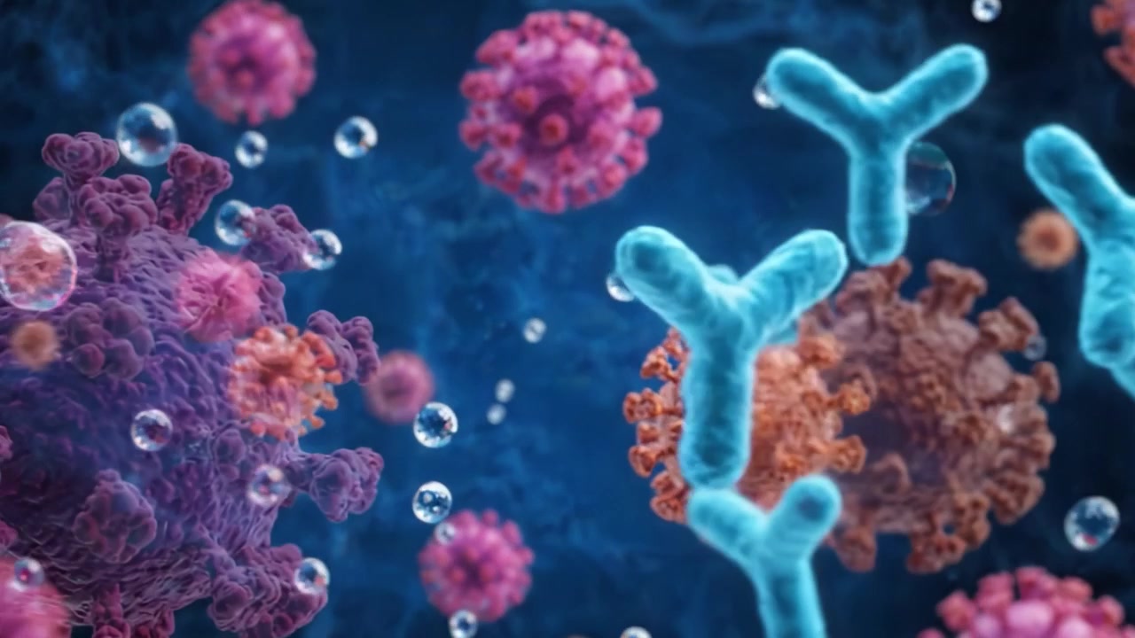 An Intricate Close-Up Of Virus Particles Interacting With Antibodies, Illustrating The Complex Dynamics Of Immune Response In A Detailed, Digital Visualization