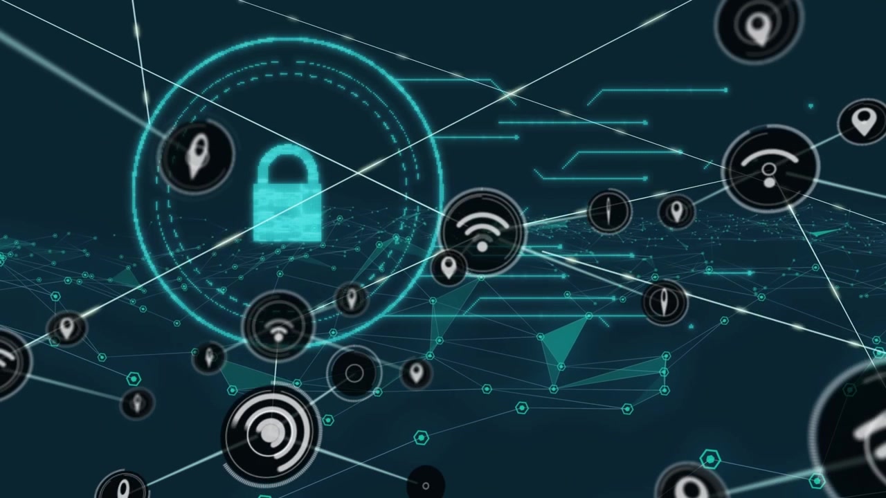 Animation of network of connections and padlock icon over black background