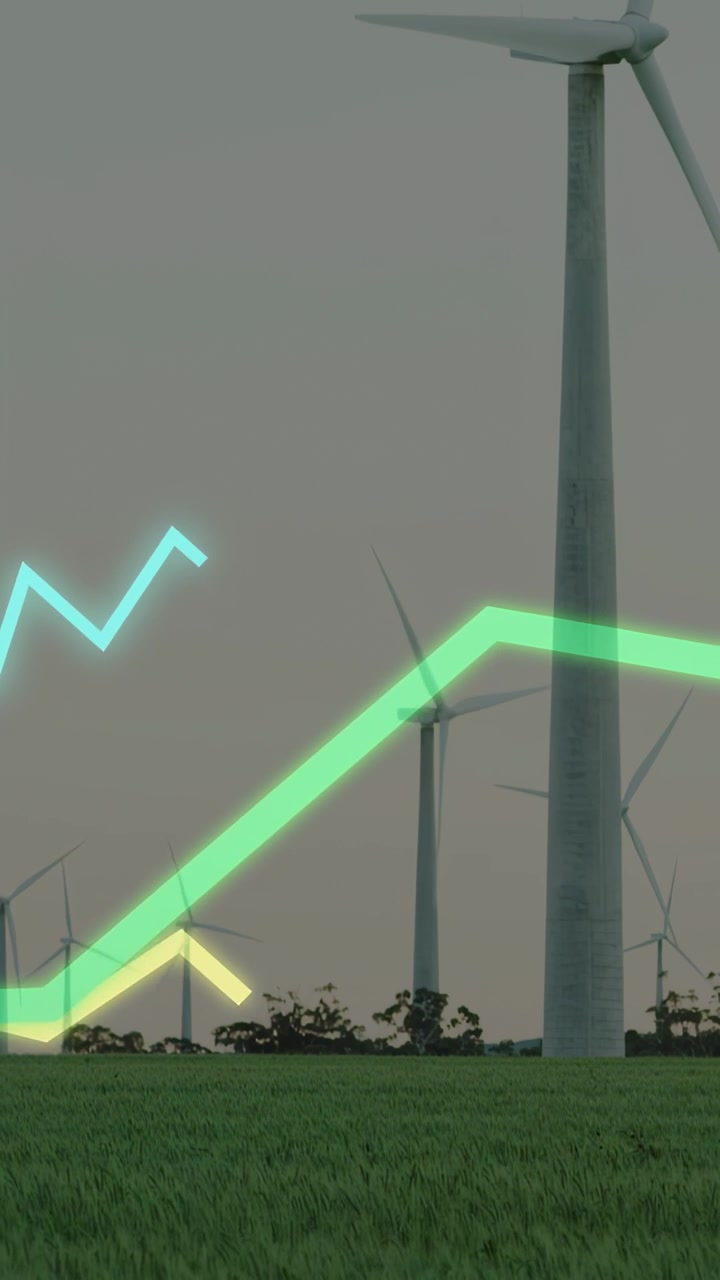Video verticale: Linee al neon che partono da sinistra e scorrono oltre le pale di una turbina che girano, mostrando energia.