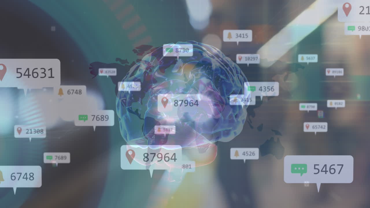 역에 도착하는 열차에 대항하여 회전하는 인간 뇌 아이콘 위에 소셜 미디어 아이콘의 애니메이션