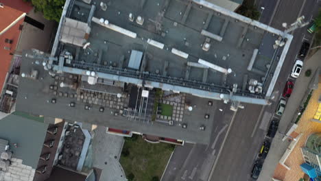 fly over top down view of a suburban scene in miskolc city, hungary