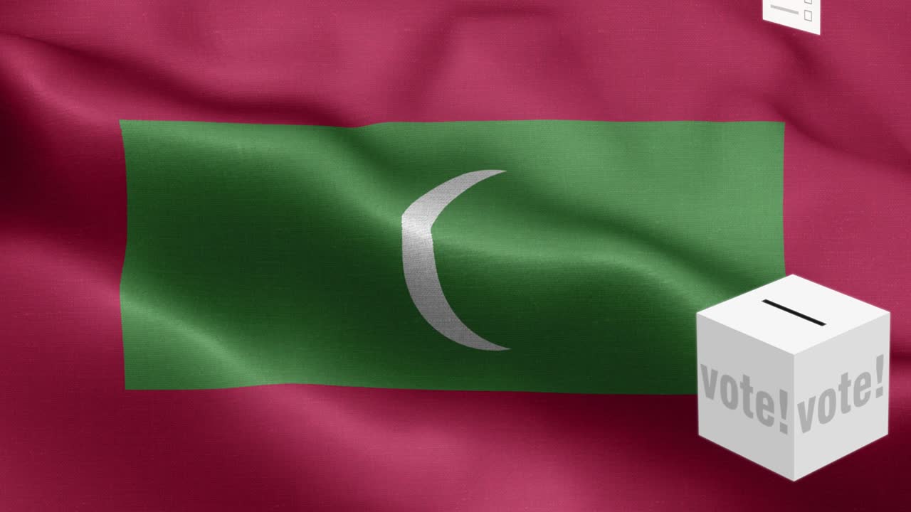 몰디브를 위해 투표용지가 박스에 날아갑니다. 선택 - 발 앞의 투표용지 - 선거 - 투표 - 몰디브 발 - 몰디프 발 높은 세부 사항 - 국가 발 몰디브 파동 패턴 루프 가능한 요소 - 직물 질감과 끝없는 루프