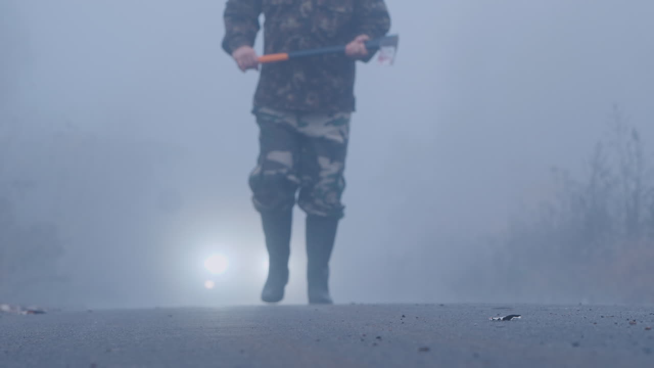 Aggressive Man With An Ax Is Walking In The Fog Towards The Car