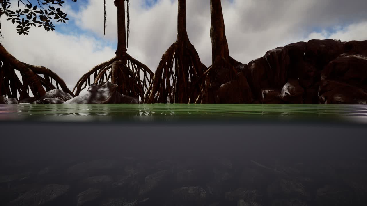 만그로브 나무 근처의 해수면 위와 해수면 아래