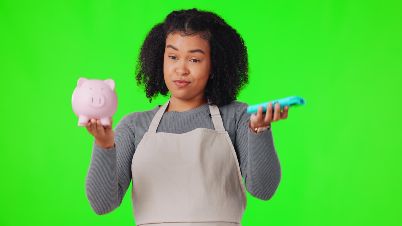 Woman, piggy bank and card machine on green screen
