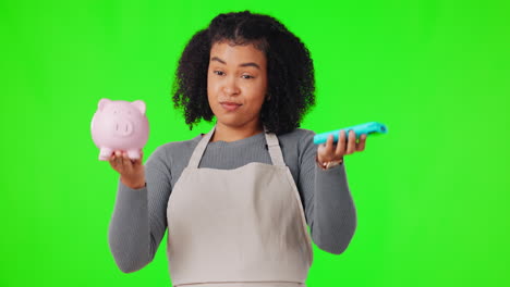 Woman,-piggy-bank-and-card-machine-on-green-screen