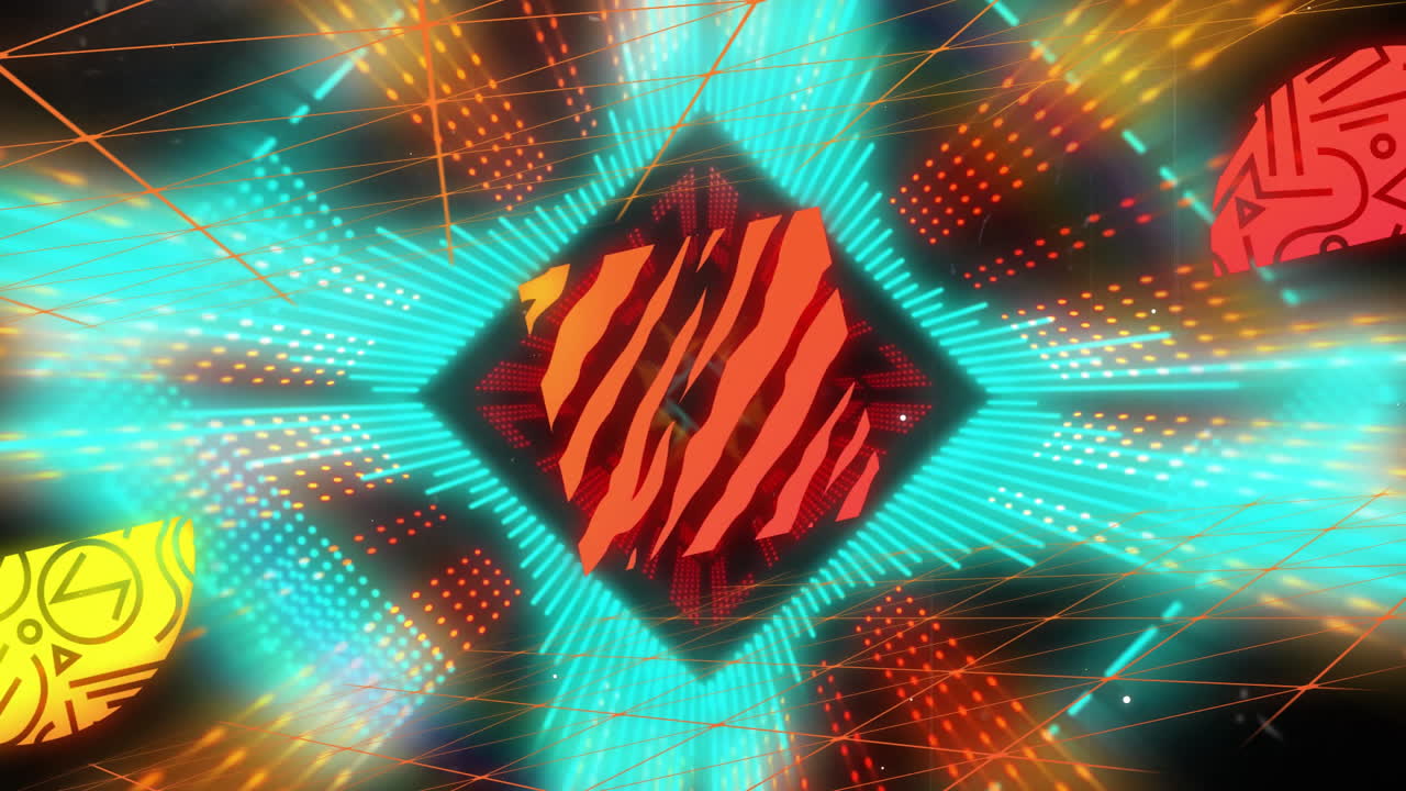 Geometric shapes and neon lines animation over abstract background