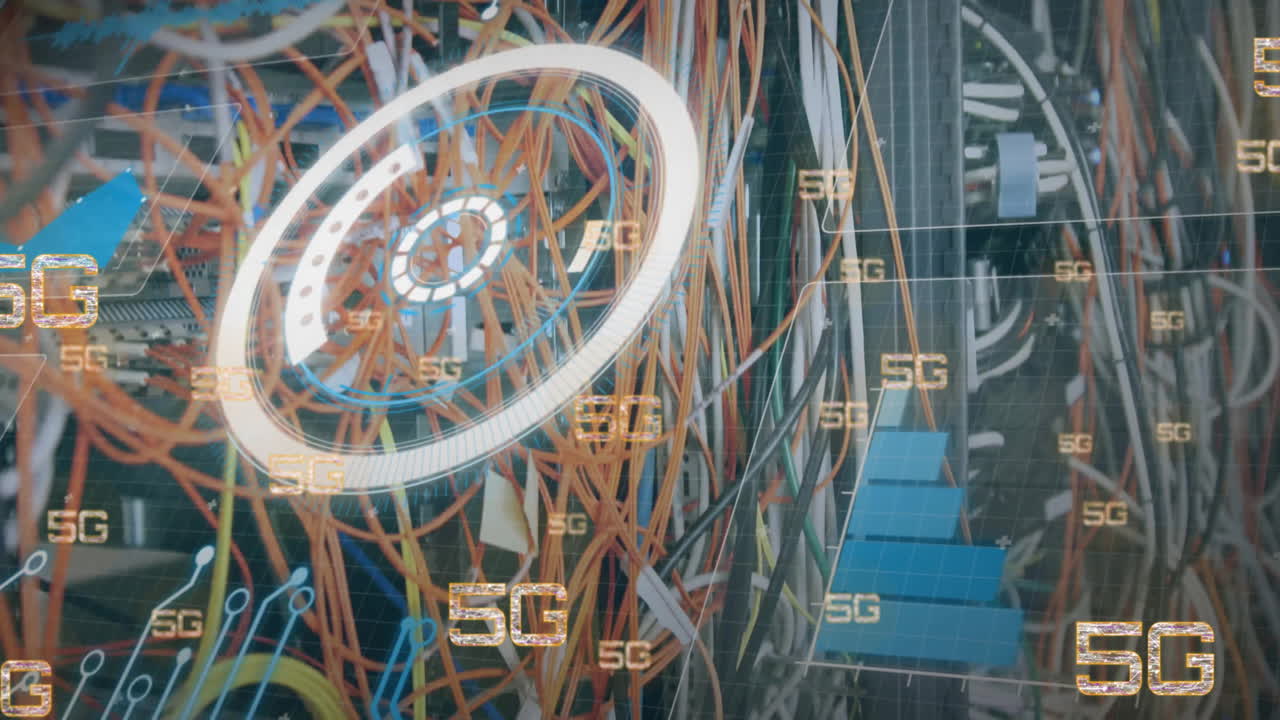 animazione di testo 5g, elaborazione di dati digitali su server informatici