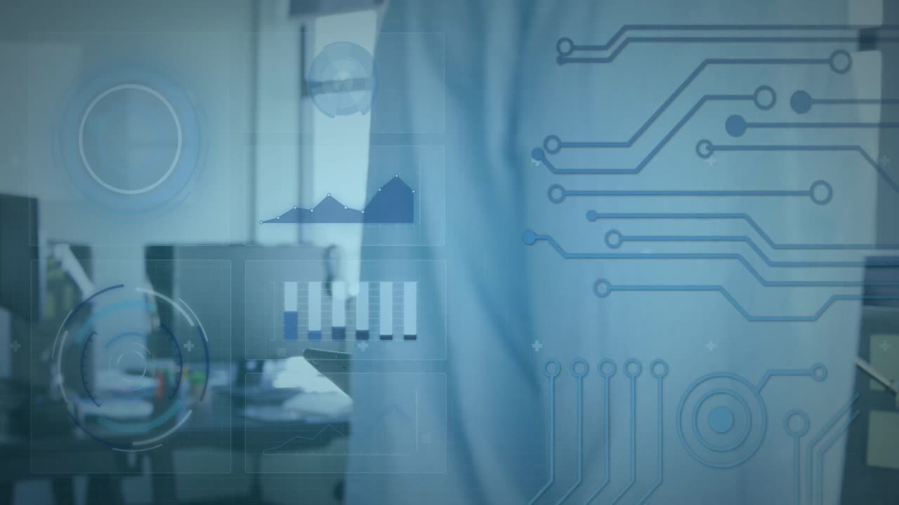 animación de gráficos y patrones de placas de circuitos sobre una mujer de negocios caucásica usando una tableta digital