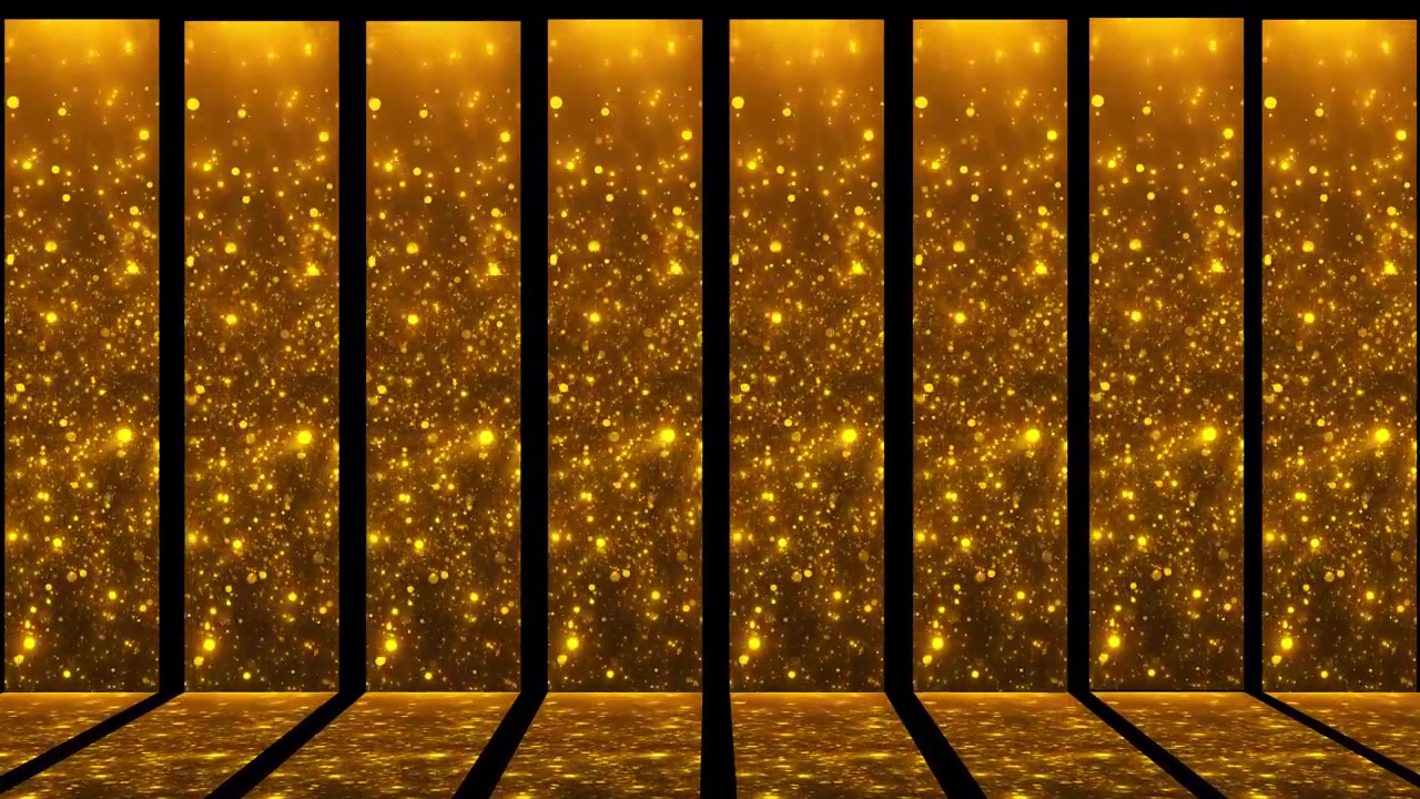 Golden light panel corridor glittering particles reflective floor and luxury stage depth award